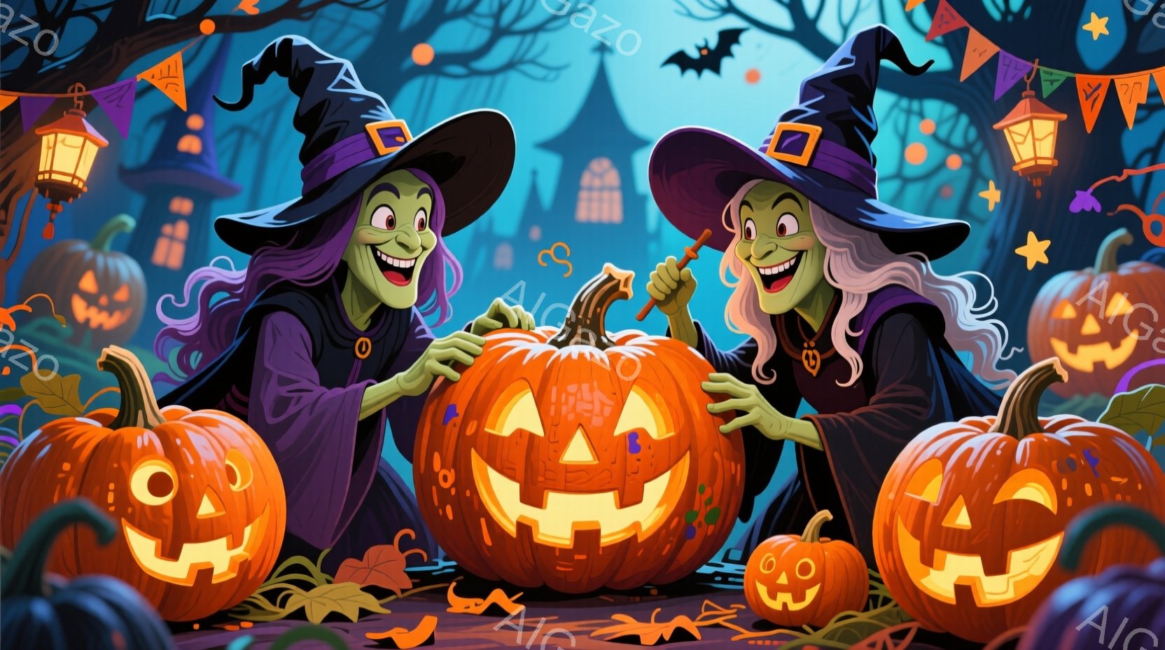 2人の魔女がハロウィーンのランタンを作っています。彼女たちは黒い帽子とローブを着ており、白髪が肩まで伸びています。背景には不気味な城とオレンジ色のランタン、そして落ち葉が散らばる薄暗い森が広がっており、ハロウィーンの不気味な雰囲気を醸し出しています。