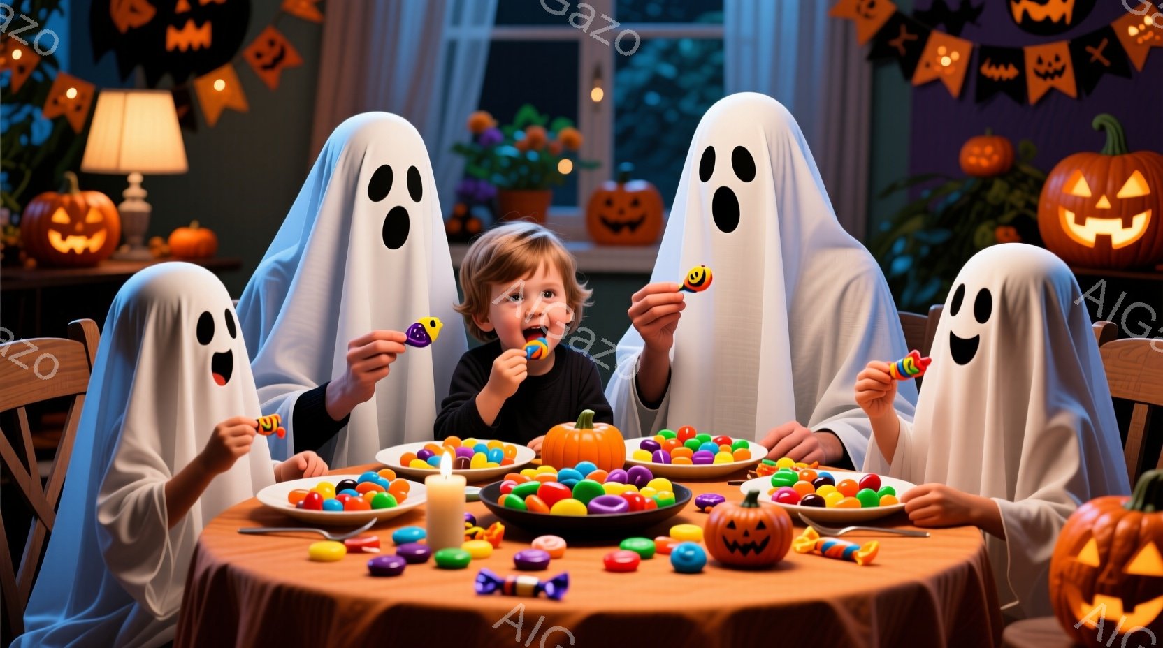 ハロウィーンをテーマにした室内で、幽霊の格好をした子供たちが円卓を囲んでいます。中央に座る幼い少年はオレンジ色の服を着ており、お菓子を嬉しそうに口にしています。テーブルの上にはカラフルなキャンディーや - AI生成フリー素材