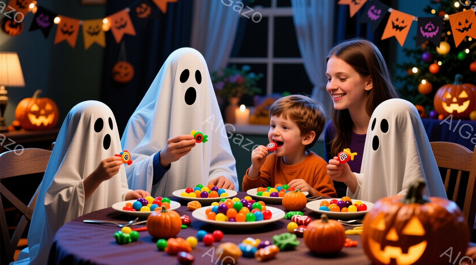 ハロウィーンの夜、子供たちが白い幽霊の衣装を着てテーブルを囲んでいます。金髪の女の子と茶髪の男の子は、カラフルなキャンディーやチョコレートをつまみ、嬉しそうに微笑んでいます。背景には、ハロウィーンの装 - AI生成フリー素材