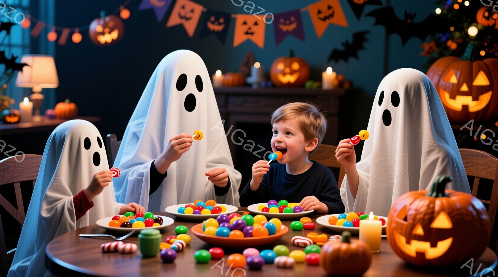 ハロウィーンの装飾が施された部屋で、少年がキャンディーを口に運んでいます。少年は黒いシャツを着ており、背後には白い幽霊の衣装を着た大人が二人立っています。テーブルには色とりどりのキャンディーが散らばり、背景にはジャック・オ・ランタンとハロウィーンの旗が飾られ、楽しげな雰囲気を醸し出しています。