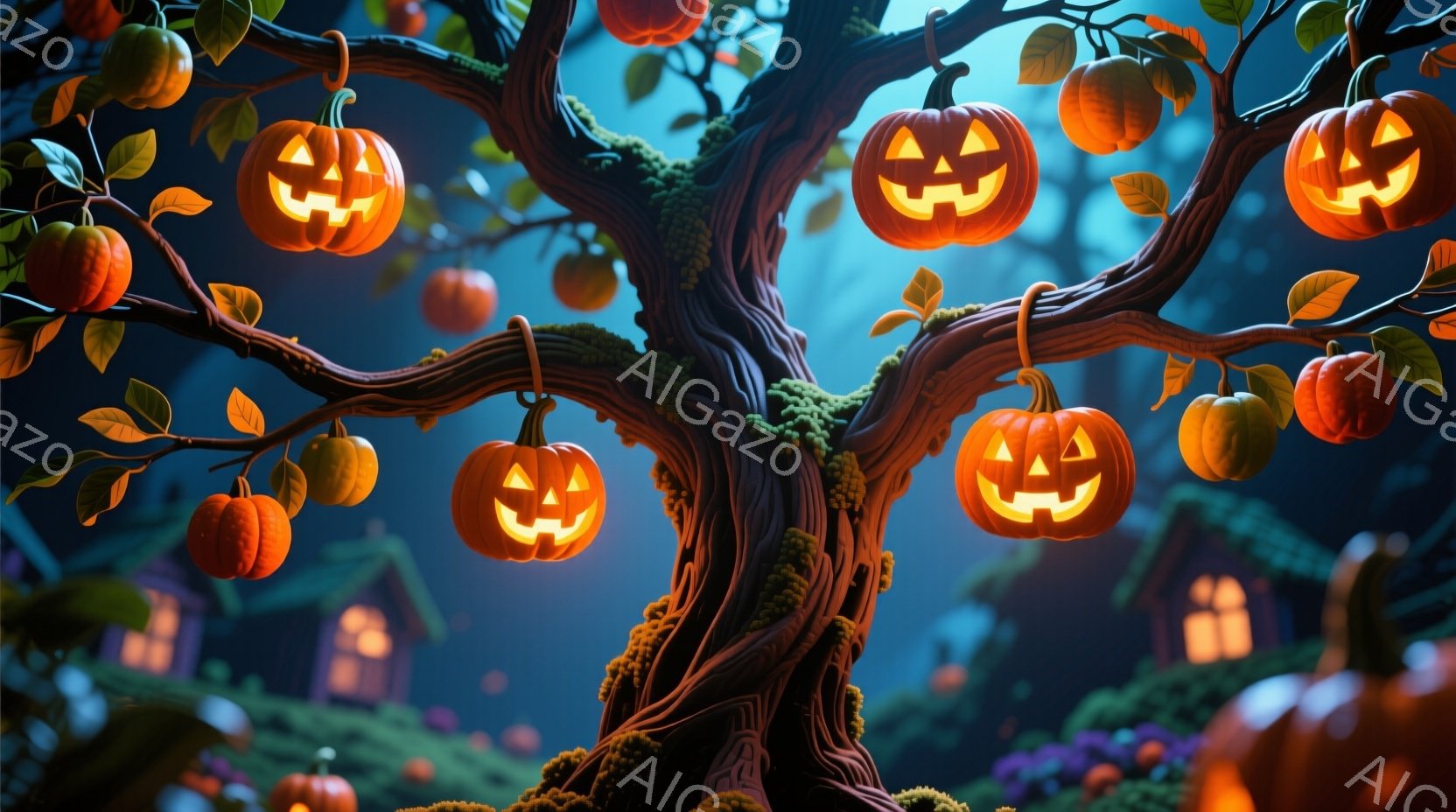 巨大な木の枝に、切り取られたジャック・オー・ランタンがぶら下がっており、それぞれが不気味な笑顔を浮かべている。背景には、ぼんやりとしたシルエットの家々が並び、暗い緑色の草が生い茂り、ハロウィーンの夜を - AI生成フリー素材
