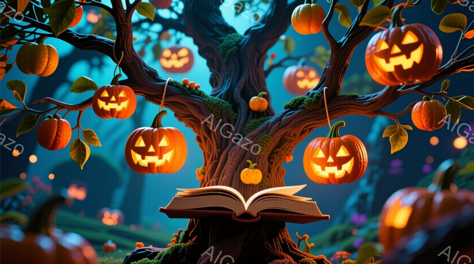 暗い森の中に、ハロウィーンの装飾が施された木が生い茂り、その枝にはジャック・オー・ランタンが吊るされています。木の根本には開かれた本が置かれており、本のページは柔らかい光を放っています。背景はぼやけた緑とオレンジ色で、奇妙で幻想的な雰囲気を醸し出しています。