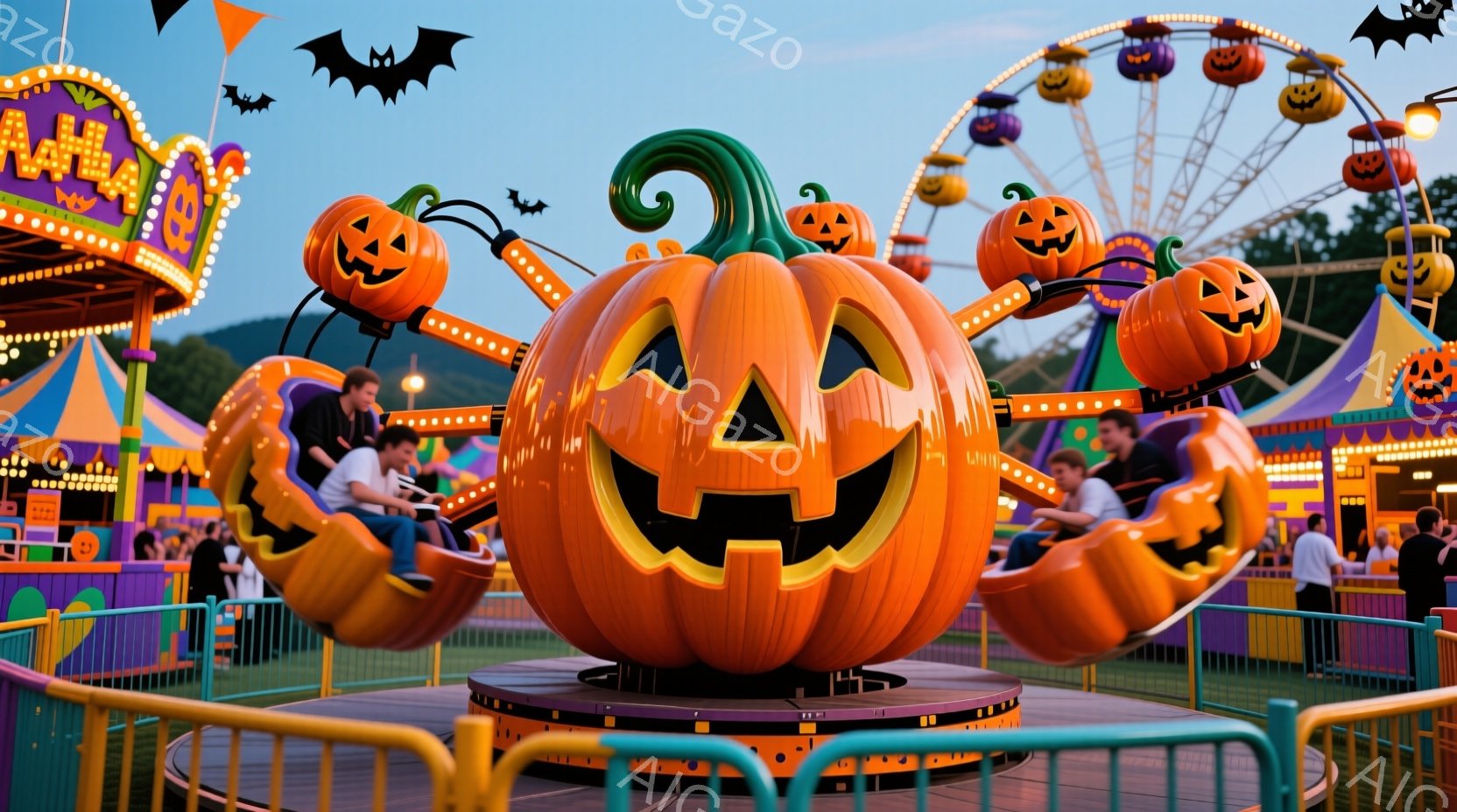 ハロウィーンをテーマにした遊園地で、巨大なカボチャの形をした回転遊具が中央にあります。人々はカボチャの形をした椅子に座り、楽しそうに回転しています。背景には観覧車やゲームブースが見え、夕暮れ時の空と緑の木々が、お祭り騒ぎの楽しい雰囲気を演出しています。