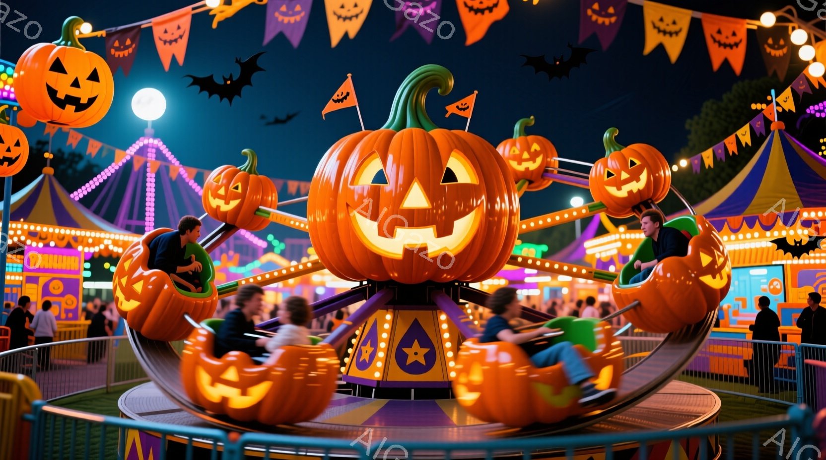 夜の遊園地で、カボチャを模した乗り物が回転している様子が描かれています。子供たちは、カボチャの形をした座席に座り、楽しそうに手を振ったり、笑顔を見せています。背景には、ハロウィーンの装飾が施された建物や、夜空に浮かぶ月とコウモリが見え、お祭り気分を盛り上げています。