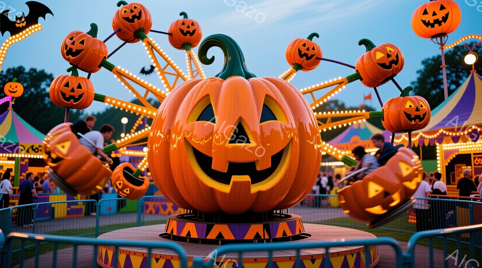 遊園地のライドがハロウィーン風に装飾された様子が描かれています。ライドは巨大なカボチャを中央に据え、周りを小さなカボチャの座席が取り囲んでいます。背景には、賑やかな遊園地の建物や木々が見え、人々はライドを楽しんでいる様子で、お祭りのような華やかな雰囲気です。