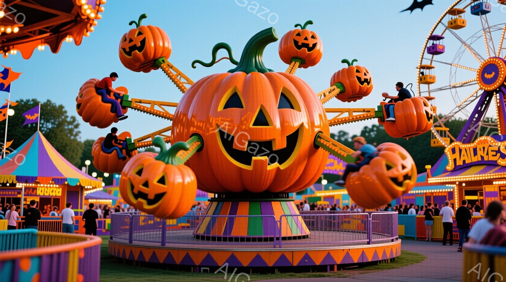 広場には、ハロウィーンをテーマにした遊園地があり、巨大なカボチャの形をした回転遊具が目立っています。乗客は様々な色のカボチャの座席に乗り、楽しんでいる様子で、背景には観覧車やカラフルな屋台が並び、活気 - AI生成フリー素材