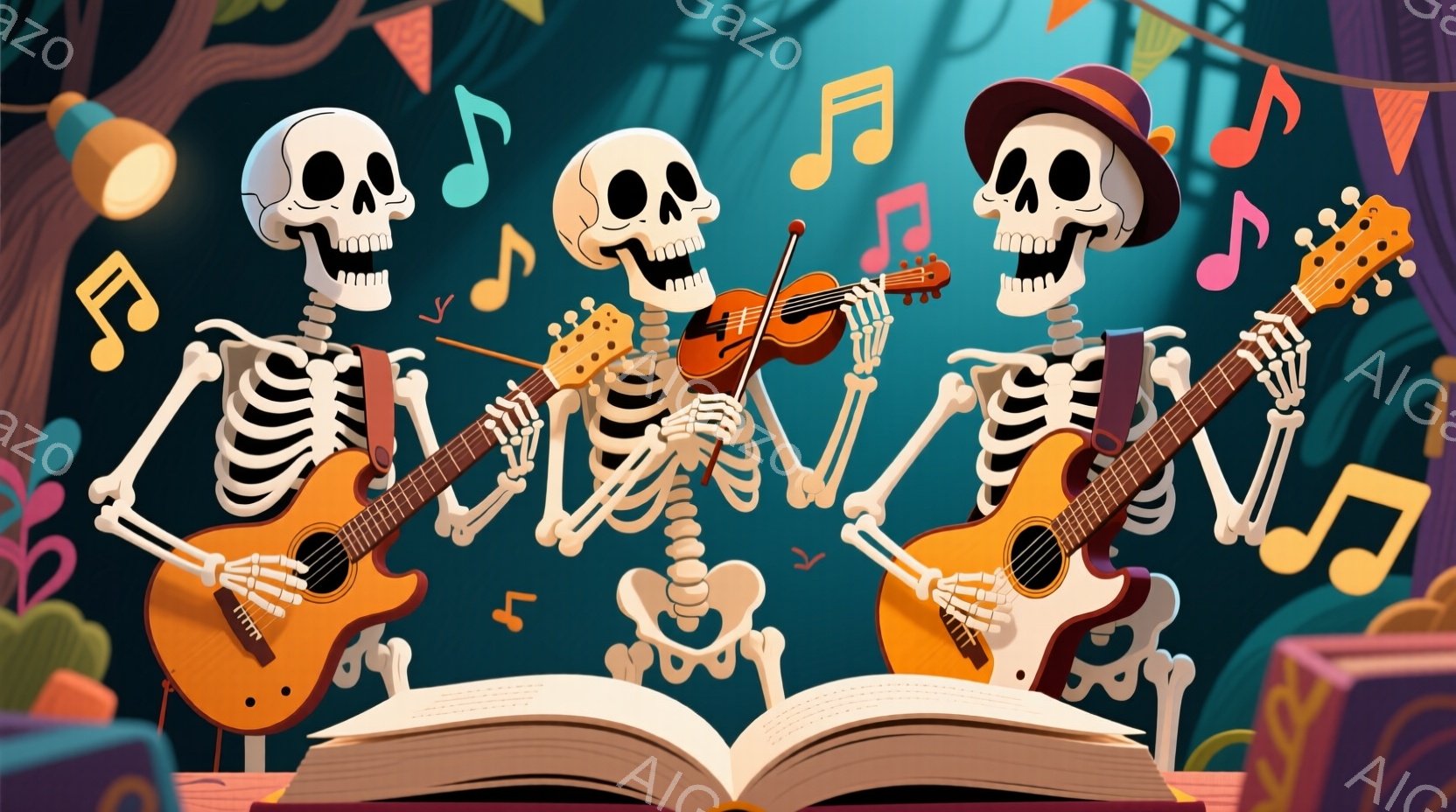 カラフルな楽譜と光が舞う背景に、3体の骸骨が楽器を演奏しているイラストです。左と右の骸骨はギターを弾き、中央の骸骨はバイオリンを演奏しており、それぞれ楽しげな表情をしています。下には開いた本があり、全体的に陽気で音楽的なお祭りのような雰囲気が漂っています。