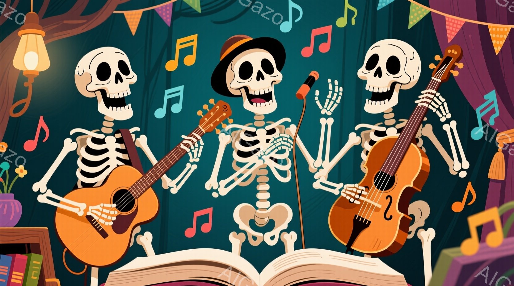 3体の骸骨が楽器を演奏しています。左の骸骨はギターを弾き、中央の骸骨はマイクに向かって歌い、右の骸骨はバイオリンを弾いています。背景には、楽譜、本の山、カラフルな旗があり、全体的に陽気で音楽的な雰囲気です。