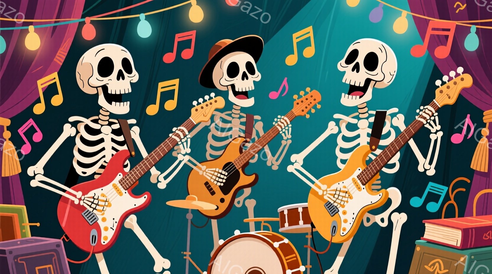 ３体の骸骨が楽器を演奏しています。左と右の骸骨はそれぞれ赤いギターとクリーム色のギターを弾き、中央の骸骨はベースギターを弾いています。背景にはドラムセットやスピーカーがあり、音符とフリンジ付きのライトが飾られており、陽気で音楽的な雰囲気が漂っています。