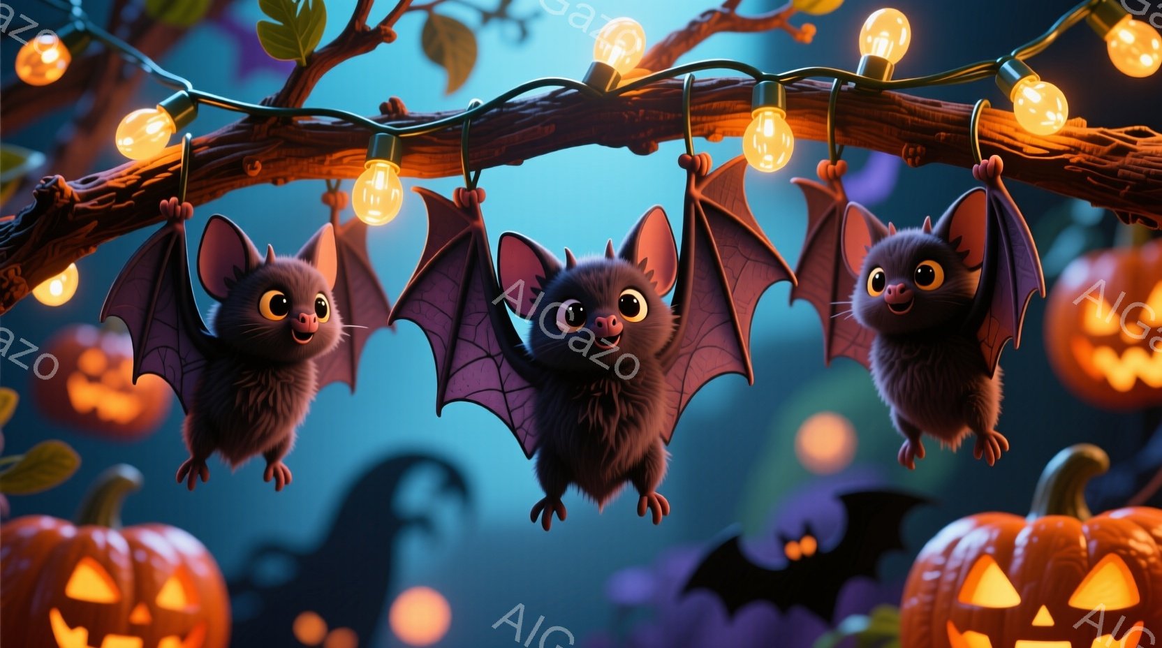 暗い背景に、かわいらしい黒いコウモリが３匹、枝からぶら下がっています。大きな目と微笑みを浮かべており、ハロウィーンの装飾であるカボチャや、光る電球と組み合わせて、楽しい雰囲気を醸し出しています。全体的に、明るく遊び心のあるハロウィーンのシーンです。