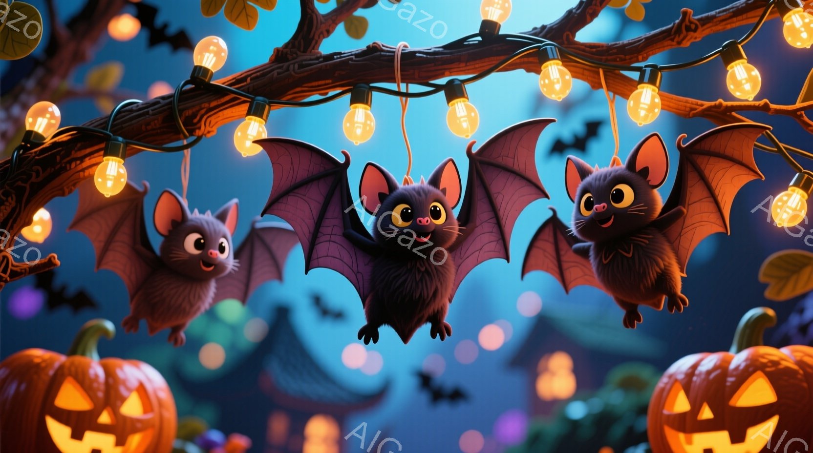 漆黒の背景に、愛らしい3匹のコウモリが吊り下げられた状態で描かれています。コウモリたちは明るいオレンジ色の丸い目と、ほほえみを浮かべており、可愛らしい表情をしています。背景にはハロウィーンの飾り付けであるカボチャのランタンや電飾が散りばめられ、お祭り気分を盛り上げています。