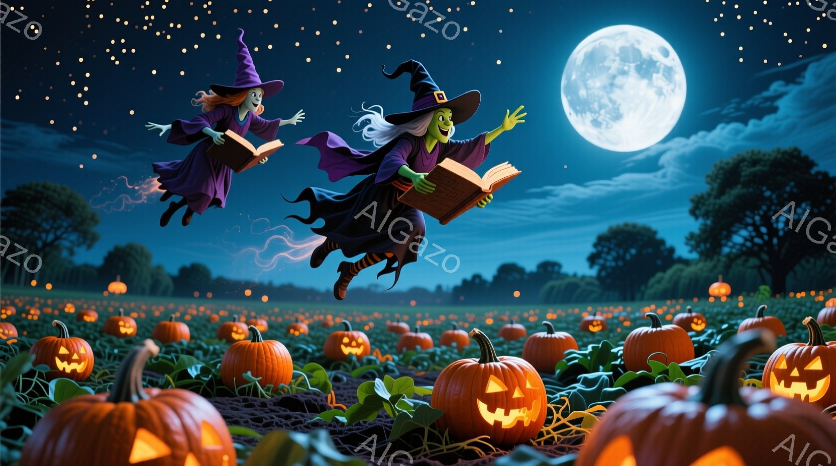 広大なカボチャ畑の上を、2人の魔女がほうきに乗って飛んでいる。紫色のローブと先の尖った帽子を被り、片手に魔法の本を開いて何かを読んでいるようだ。背景には、満月が輝き、オレンジ色のカボチャが広がり、ハロウィーンの夜らしい幻想的な雰囲気が漂っている。