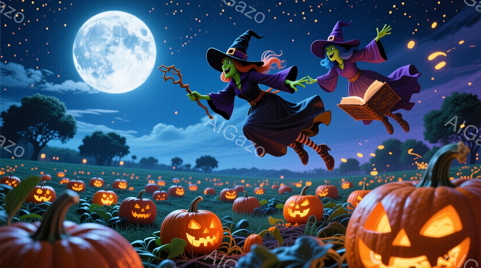 夜空には満月が輝き、ハロウィンのカボチャ畑の上を二人の魔女が箒に乗って飛んでいる。魔女たちは紫色のローブと尖った帽子をかぶり、片手に杖、もう片手に魔法の本を持っている。カボチャ畑は明るく照らされ、暗い空と緑豊かな背景が、幻想的で少し不気味な雰囲気を醸し出している。