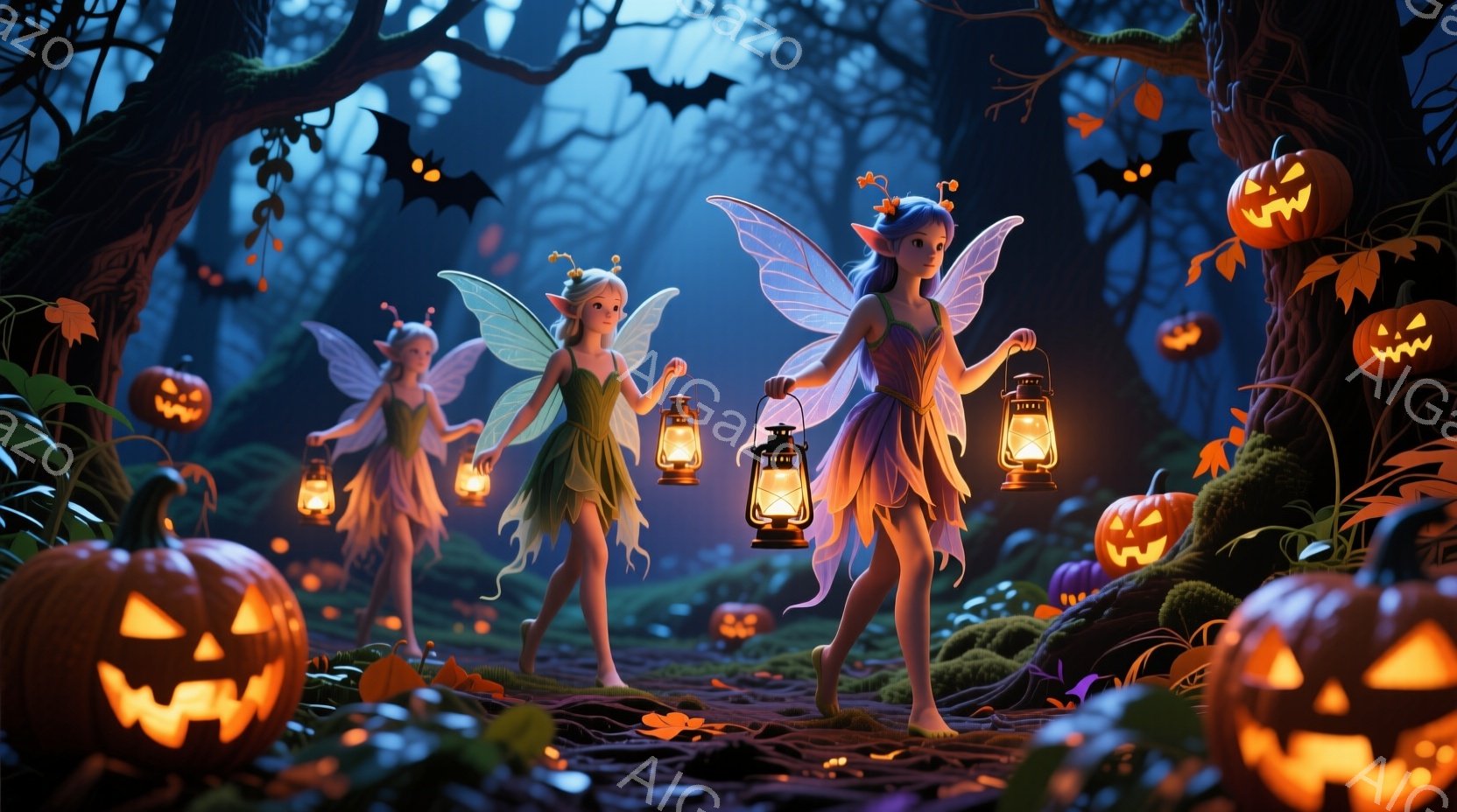 ３人の妖精が、ランタンを手に、暗い森の中を歩いている。緑色の葉っぱでできたドレスを着ており、背中には透明な羽が生えている。背景には、さまざまな大きさのジャック・オー・ランタンが配置され、木の根や落ち葉が散らばる森の道が、ハロウィーンらしい不気味な雰囲気を醸し出している。