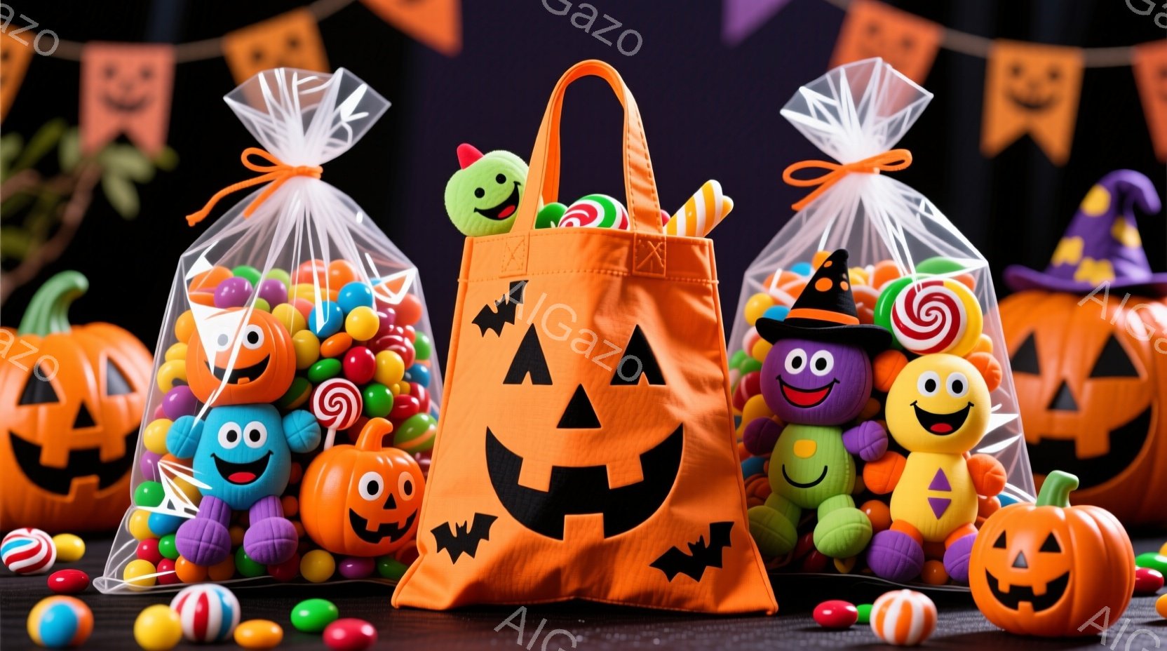 ハロウィーンのキャンディーや装飾品が散りばめられた、明るくお祝いの雰囲気の画像です。オレンジ色のカボチャの形をしたトートバッグには、カラフルなキャンディーや、顔のついた小さなソフトキャンディーが詰め込まれています。背景にはハロウィーンの旗が飾られ、全体的に陽気で楽しいお祭りの雰囲気が漂っています。