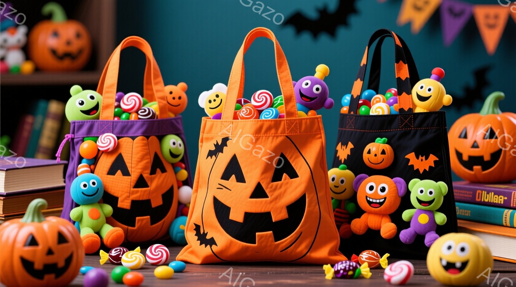 ハロウィーンの背景で、オレンジ色のジャック・オー・ランタンのトートバッグが３つ並んでいます。バッグにはキャンディーや小さなハロウィーンのキャラクターのおもちゃが入れられており、周囲にはバラエティに富んだキャンディーが散りばめられています。背景には、ハロウィーンの装飾品や本棚が見え、全体的に陽気で楽しい雰囲気が漂っています。
