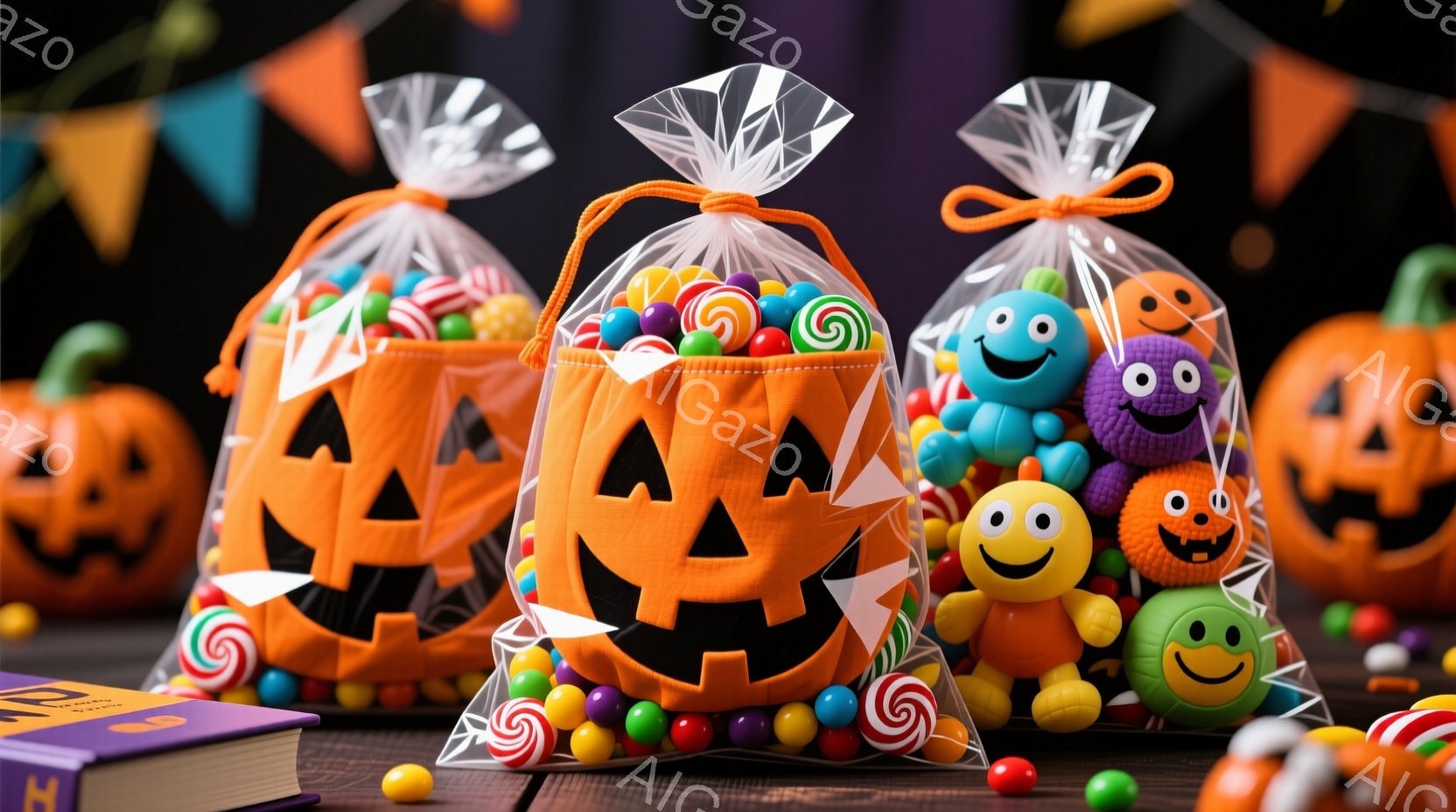ハロウィーンをテーマにした写真で、オレンジ色のジャック・オー・ランタンの形をしたキャンディ袋がいくつか並べられています。袋の中には、色とりどりのキャンディやロリポップが詰め込まれており、その周りにはハロウィーンのキャラクターの人形が置かれています。背景には紫とオレンジのガーランドと、いくつかのジャック・オー・ランタンがぼやけて見え、お祝いムードを演出しています。