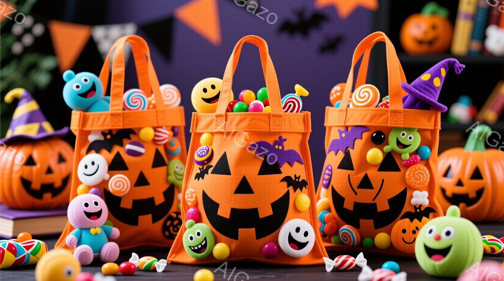 ハロウィーンをテーマにした静物画で、オレンジ色のカボチャの形をしたバッグが三つ並んでいます。バッグの中には、カラフルなキャンディーや小さなおもちゃが詰め込まれており、周囲にはさらにキャンディーや可愛らしいハロウィーンのキャラクターのおもちゃが散らばっています。背景には紫色の布と、カボチャの装飾がいくつか見え、全体的に明るく楽しいハロウィーンの雰囲気が漂っています。