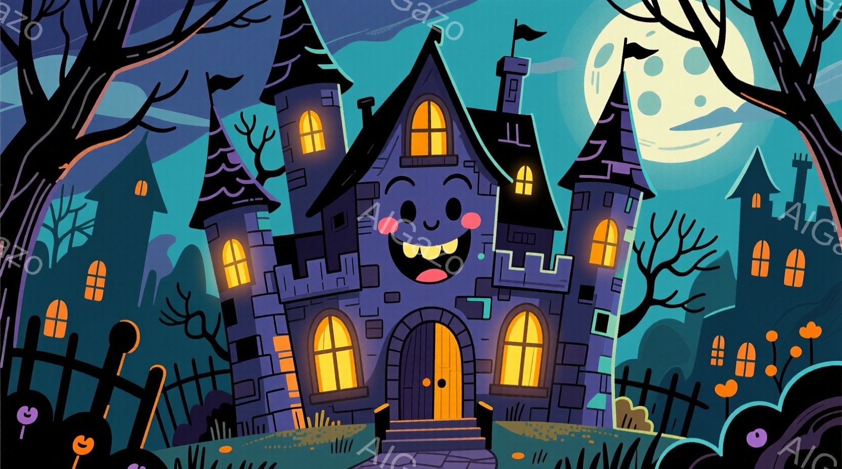 笑顔の幽霊屋敷を描いています。紫色の屋敷は、オレンジ色の光が灯る窓と玄関を持ち、ハロウィーンの雰囲気を感じさせます。背景には、黒い柵と不気味な木々、そして満月が浮かび、全体的に陽気で少し不気味な、お祭り気分を表現しています。