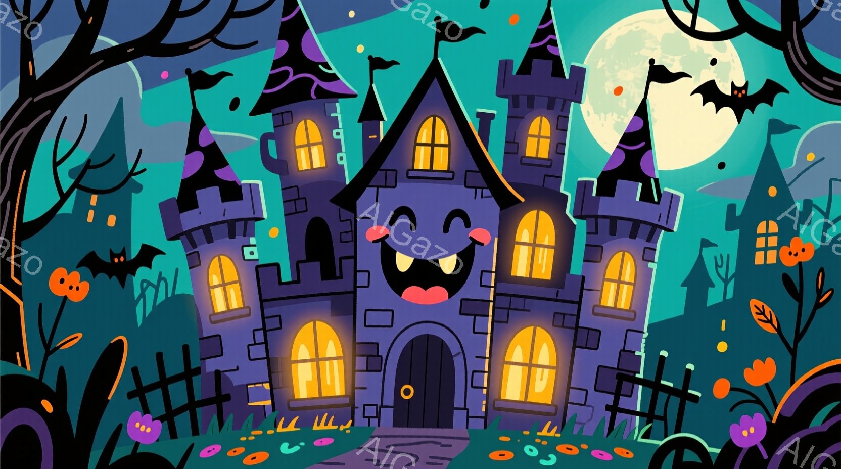 紫色の不気味な城が中央に描かれており、窓からオレンジ色の光が漏れています。城の入り口は大きく開いており、城自体が笑顔のような表情をしています。背景にはシルエットのような木々、カボチャ、幽霊、そして満月 - AI生成フリー素材