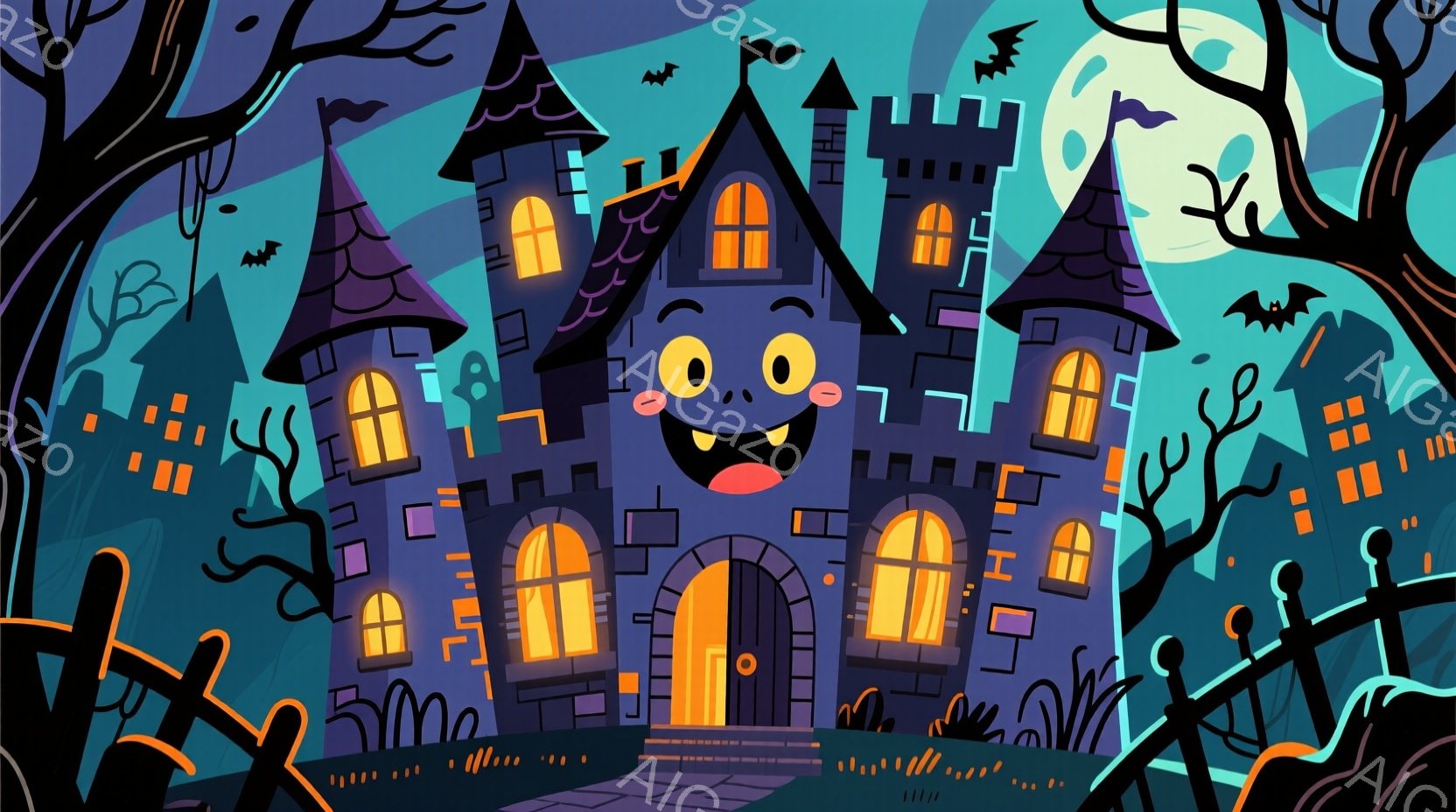不気味な紫色の城が、ハロウィーンの夜に浮かび上がっています。城には大きな目と笑った口があり、友好的な表情をしています。背景には、墓地、シルエットの木々、そして満月が描かれており、不気味ながらもかわいら - AI生成フリー素材