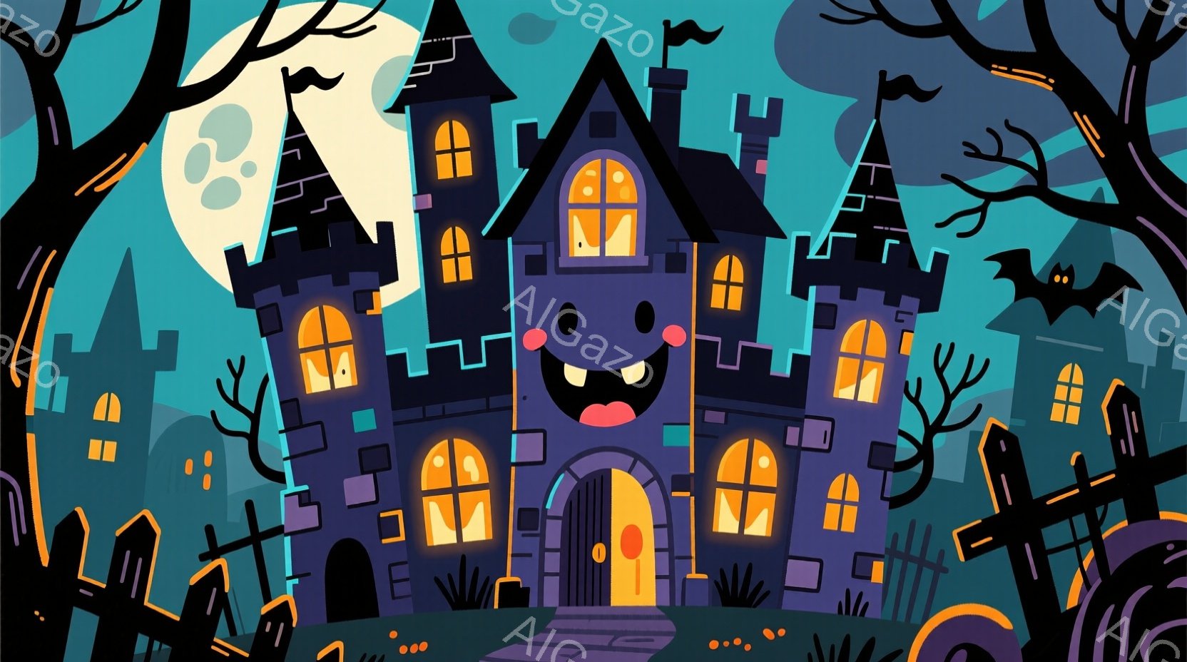 夜のハロウィーンを思わせる風景を描いています。紫色の不気味な城が中央にあり、明るいオレンジ色の窓から光が漏れ、笑顔のように見えます。背景には墓石やからみついた木の枝、そして満月が描かれ、全体的に楽しげで少し不気味な雰囲気を醸し出しています。