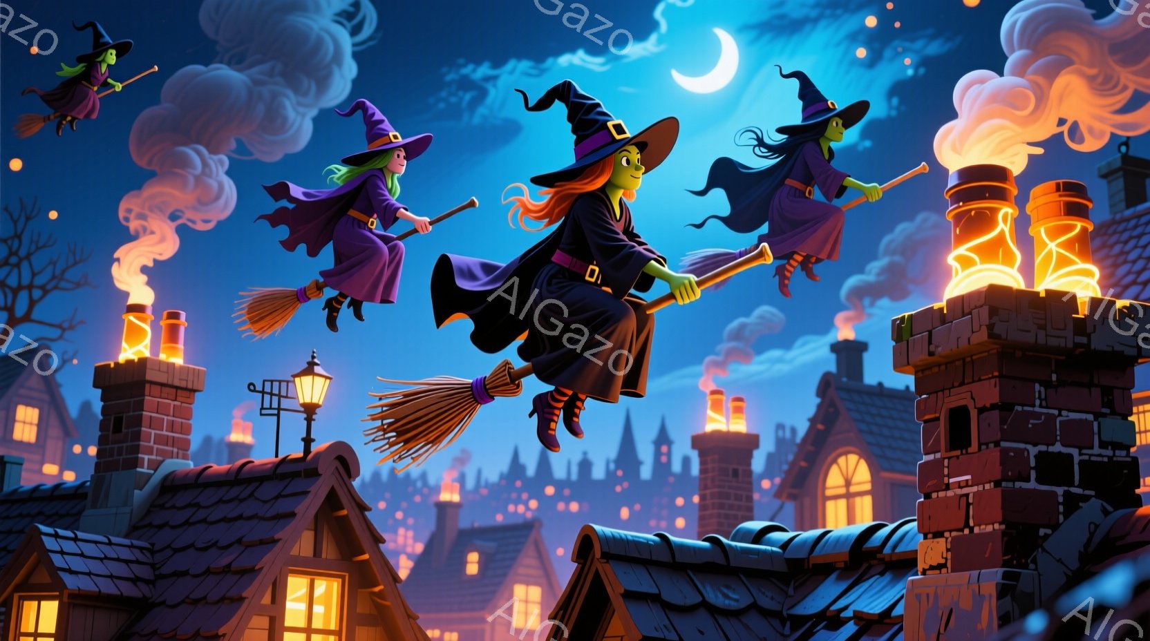 3人の魔女が夜空をほうきに乗って飛んでいます。魔女たちは黒いドレスと尖った帽子を身につけ、赤い髪をなびかせながら楽しそうに笑っています。背景には、煙突から煙が上がり、屋根が並ぶ街並みが広がり、月夜の幻想的な雰囲気を醸し出しています。