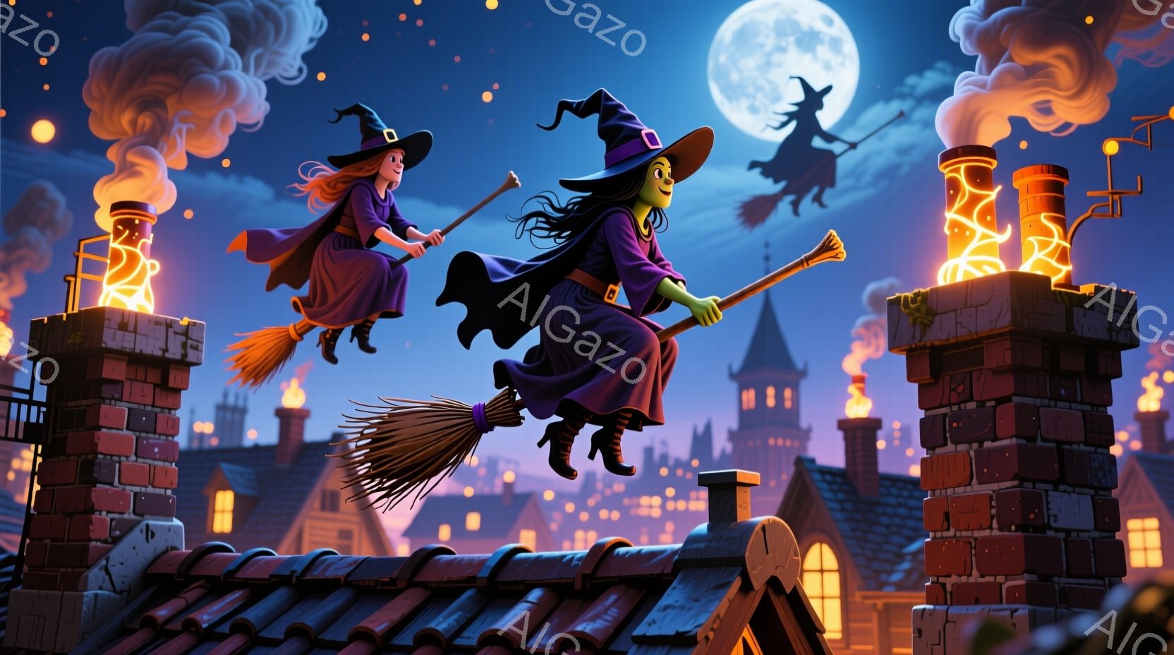 屋根の上を３人の魔女がほうきに乗って飛んでいる様子が描かれています。魔女たちはそれぞれ紫、赤、黒のローブを着ており、先の尖った帽子をかぶっています。背景には、煙突から煙が立ち上る街並みと満月が夜空に輝き、ハロウィーンの夜の幻想的で賑やかな雰囲気を醸し出しています。