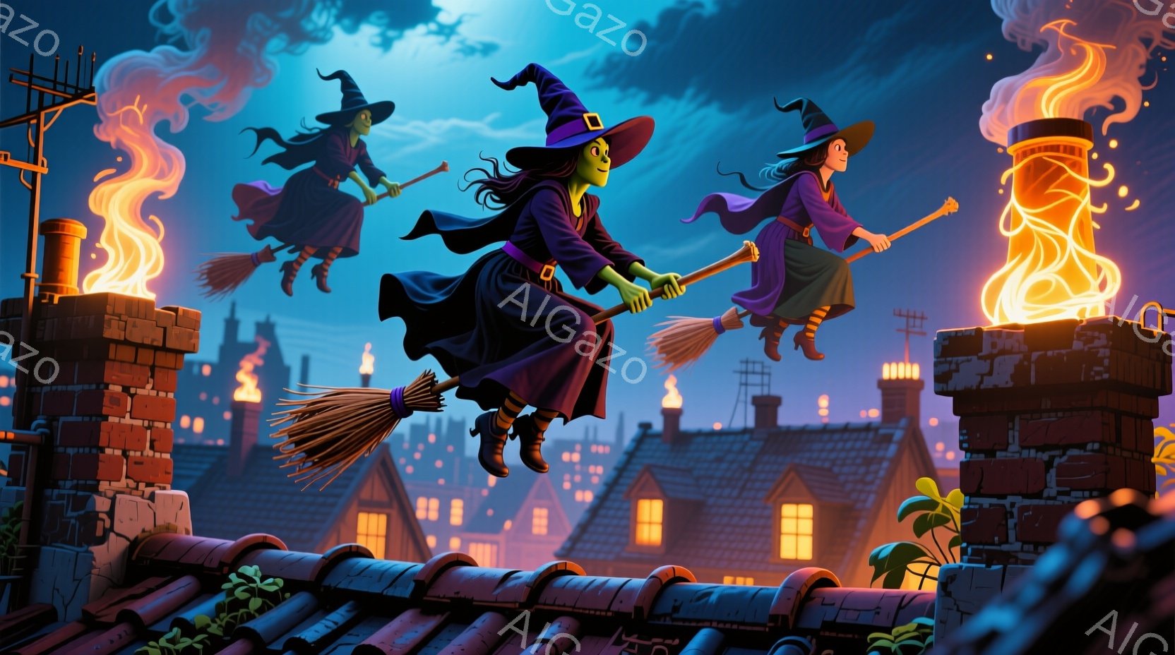 3人の魔女が夜の街の上をほうきに乗って飛んでいる。彼女たちは黒い帽子と紫色のローブを着ており、それぞれ異なる表情をしているが、楽しそうな雰囲気である。背景には赤い屋根の家々が並び、煙突からは炎が上がり、夜空には雲が広がり、ハロウィーンの夜の賑やかさを感じさせる。