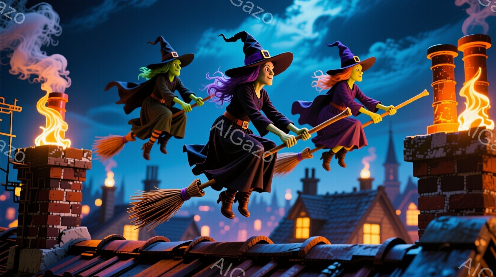 3人の魔女が夜空をほうきに乗って飛んでいる様子が描かれています。彼らはそれぞれ黒い帽子と暗色の服を着ており、楽しそうな表情をしています。背景には、ライトアップされた家々が密集し、煙突から立ち上る煙と暗い空が、ハロウィーンらしい雰囲気を作り出しています。