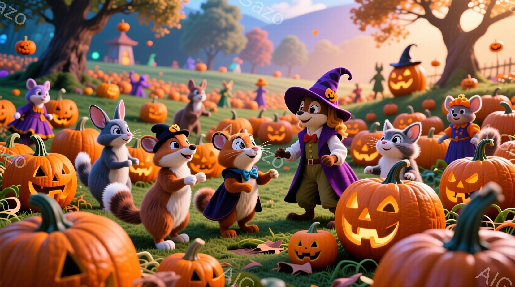 ハロウィーンをテーマにした可愛らしいイラストで、かぼちゃ畑の中心で、魔女の帽子をかぶったリスが他の動物たちと踊っています。動物たちはそれぞれハロウィーンの衣装を着ており、楽しそうな表情をしています。背景には、かぼちゃで飾られた小さな家、木々、そして暖かな日差しが広がる、お祭り気分満載の秋の風景が広がっています。