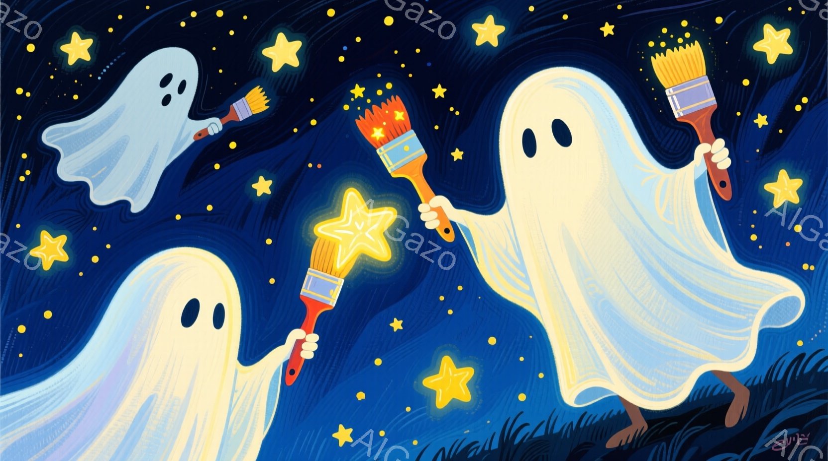 夜空を背景に、３体の明るいお化けが描かれています。それぞれが星形の光を塗るための絵筆を持っており、楽しそうに空中に浮かんでいます。背景には草が生えており、全体的に幻想的で遊び心のある雰囲気です。