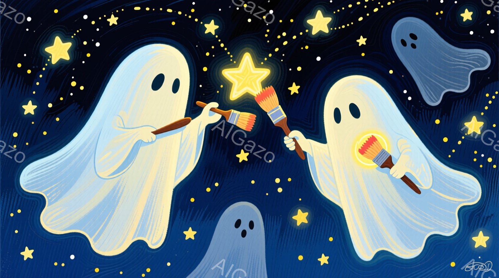 複数の白い幽霊が、星が散りばめられた夜空を背景に描かれています。二体の幽霊は、絵筆を互いに向けて持っており、中心には明るく輝く星があります。全体的に、遊び心があり、幻想的な雰囲気が漂っています。 - AI生成フリー素材