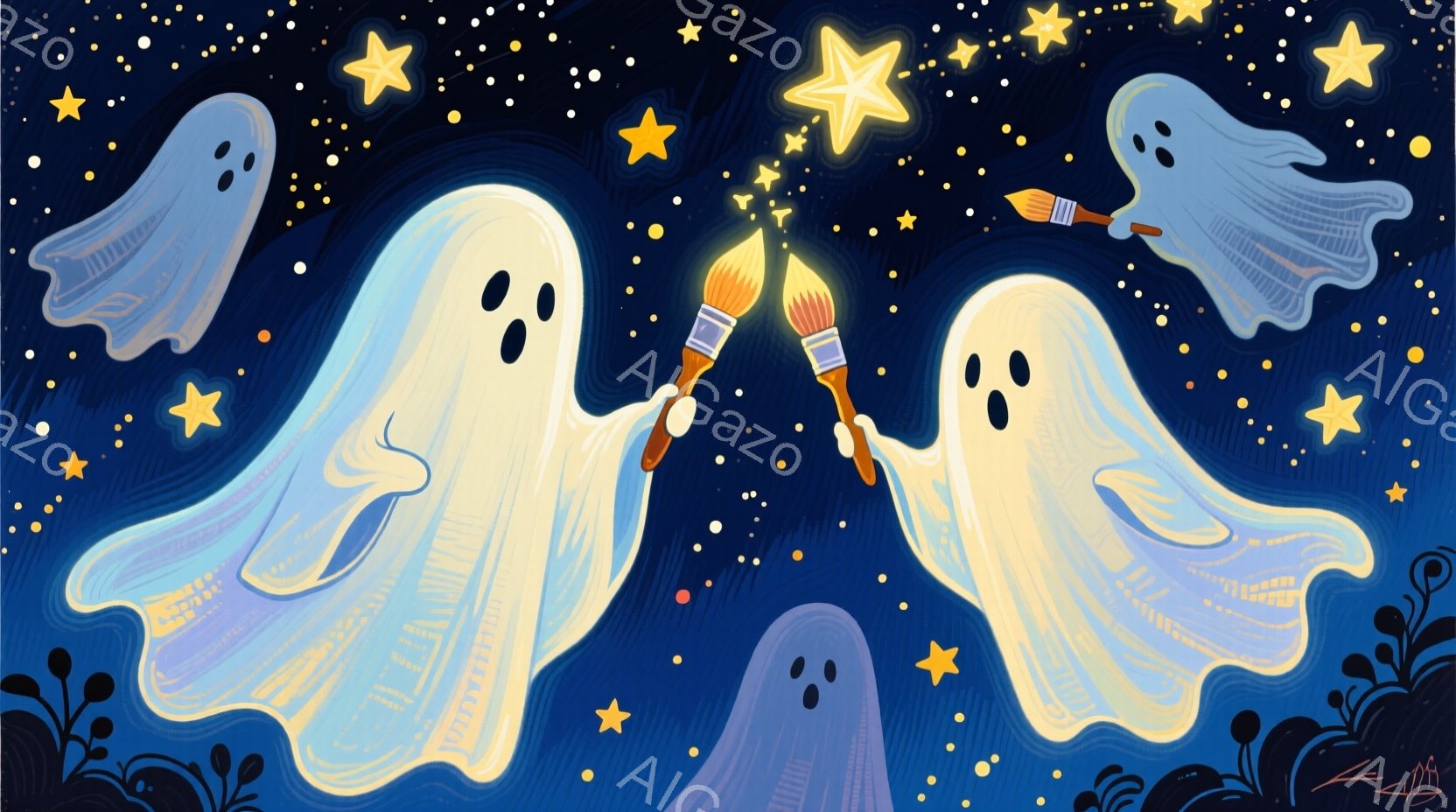 青色の夜空を背景に、お化けたちが描かれています。二体のお化けは互いに筆を高く掲げ、まるで光の橋を架けているように見え、他の小さな幽霊たちも夜空に浮かんでいます。背景には黒い植物や星々が散りばめられており、幻想的で遊び心あふれる雰囲気が漂っています。