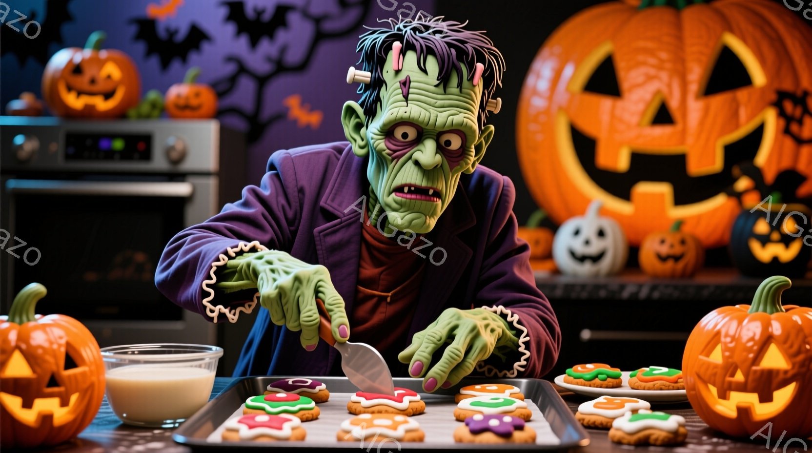 緑色の肌をしたフランケンシュタインの怪物がお菓子作りをしている様子が描かれています。紫色のセーターを着て、片手にアイシングナイフを持ち、クッキーに飾り付けをしています。背景にはハロウィーンの飾り付けで - AI生成フリー素材
