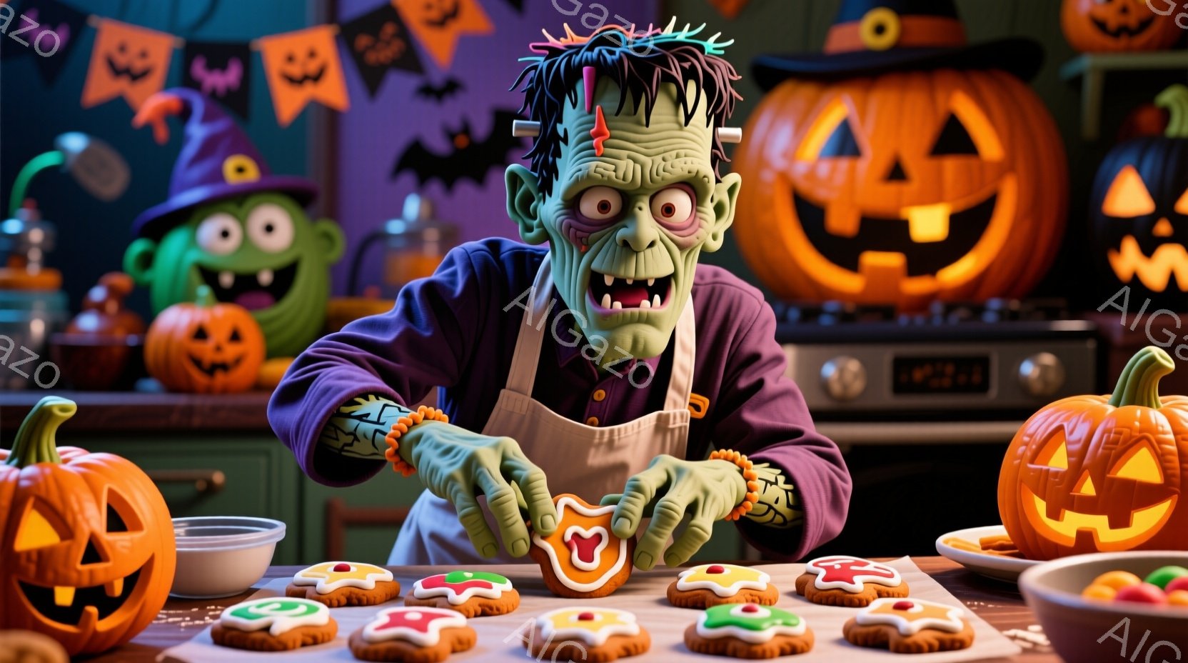 緑色の肌をしたフランケンシュタインのモンスターが、エプロンをつけてクッキーを飾っています。彼は紫色のシャツを着ており、頭にはボルトが付いた黒髪があります。背景にはハロウィーンの飾り付けや、さまざまな表 - AI生成フリー素材