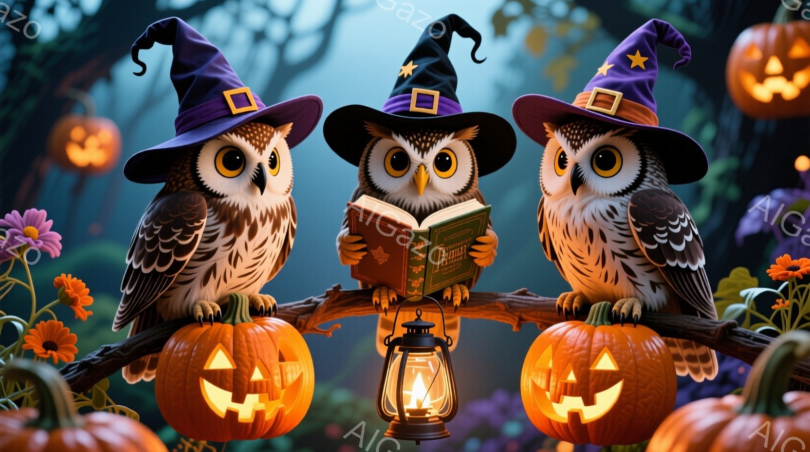 三羽のフクロウが、それぞれカボチャの上に止まり、中央のフクロウは本を読んでいます。フクロウたちは魔法使い風の帽子をかぶり、可愛らしい表情をしています。背景には、ハロウィーンのランタンやカボチャが散りばめられ、暗い森の中で幻想的な雰囲気を醸し出しています。
