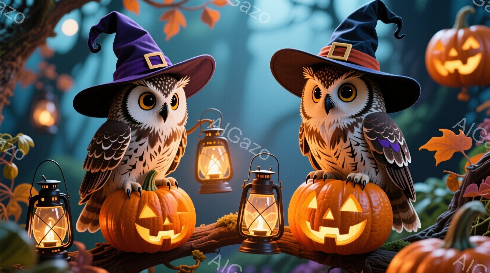 2羽のフクロウが、それぞれカボチャの上に座っており、ハロウィーンの帽子を被っています。周囲にはジャック・オ・ランタンと、点灯したランタンが配置され、木々の葉が散りばめられた背景は、秋の夜の神秘的な雰囲気を醸し出しています。全体的に、ハロウィーンの温かく幻想的な光景が表現されています。