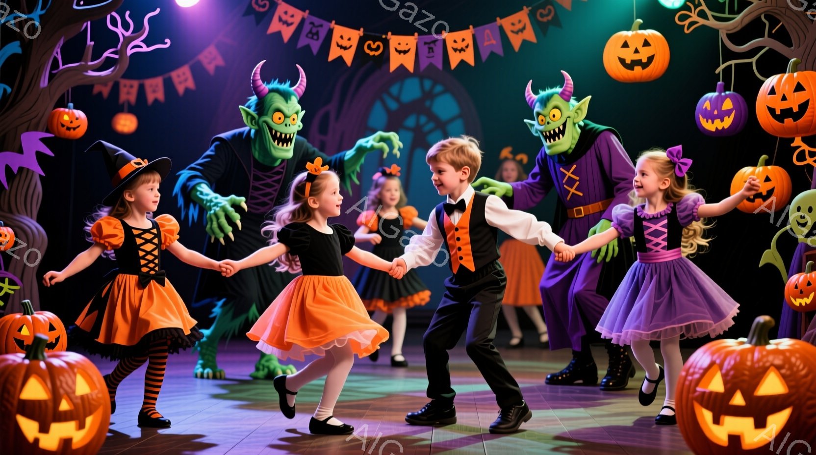 ハロウィーンの衣装を着た子供たちが輪になって踊っています。女の子はオレンジと紫のドレスを着ており、男の子は黒いスーツに蝶ネクタイをつけています。背景には、かぼちゃのランタンやハロウィーンの飾り、そして不気味な緑色のモンスターが立っており、お祭り気分を盛り上げています。
