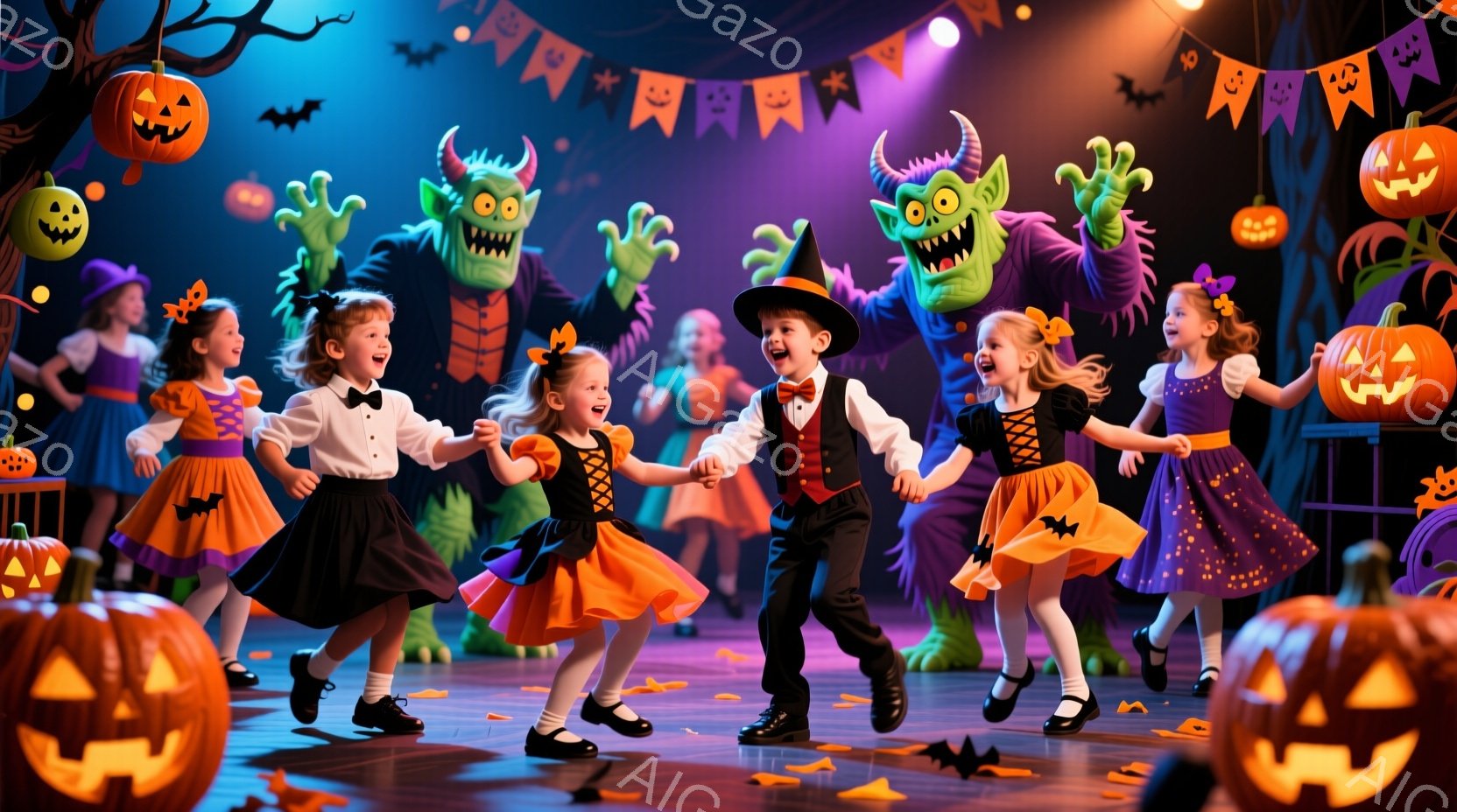 ハロウィーンの衣装を着た子供たちが、緑色のモンスターの背景の前で踊っています。女の子たちはオレンジと紫のドレスを着ており、男の子は黒いスーツに帽子をかぶっています。背景には、かぼちゃのランタン、コウモリ、ハロウィーンの飾り付けが散りばめられており、お祭り騒ぎの賑やかな雰囲気を醸し出しています。