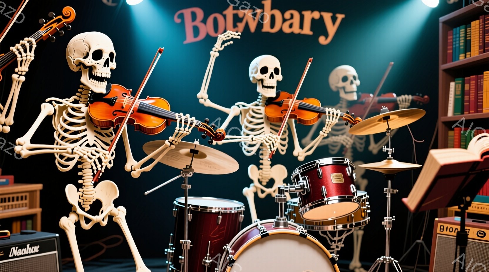 バイオリンを演奏する2体の骸骨と、ドラムセットを演奏する骸骨が描かれています。背景には本棚が並び、楽器のアンプも配置されています。全体的に少し不気味ながらも、音楽を楽しむ雰囲気で、カラフルなライティングが特徴的です。