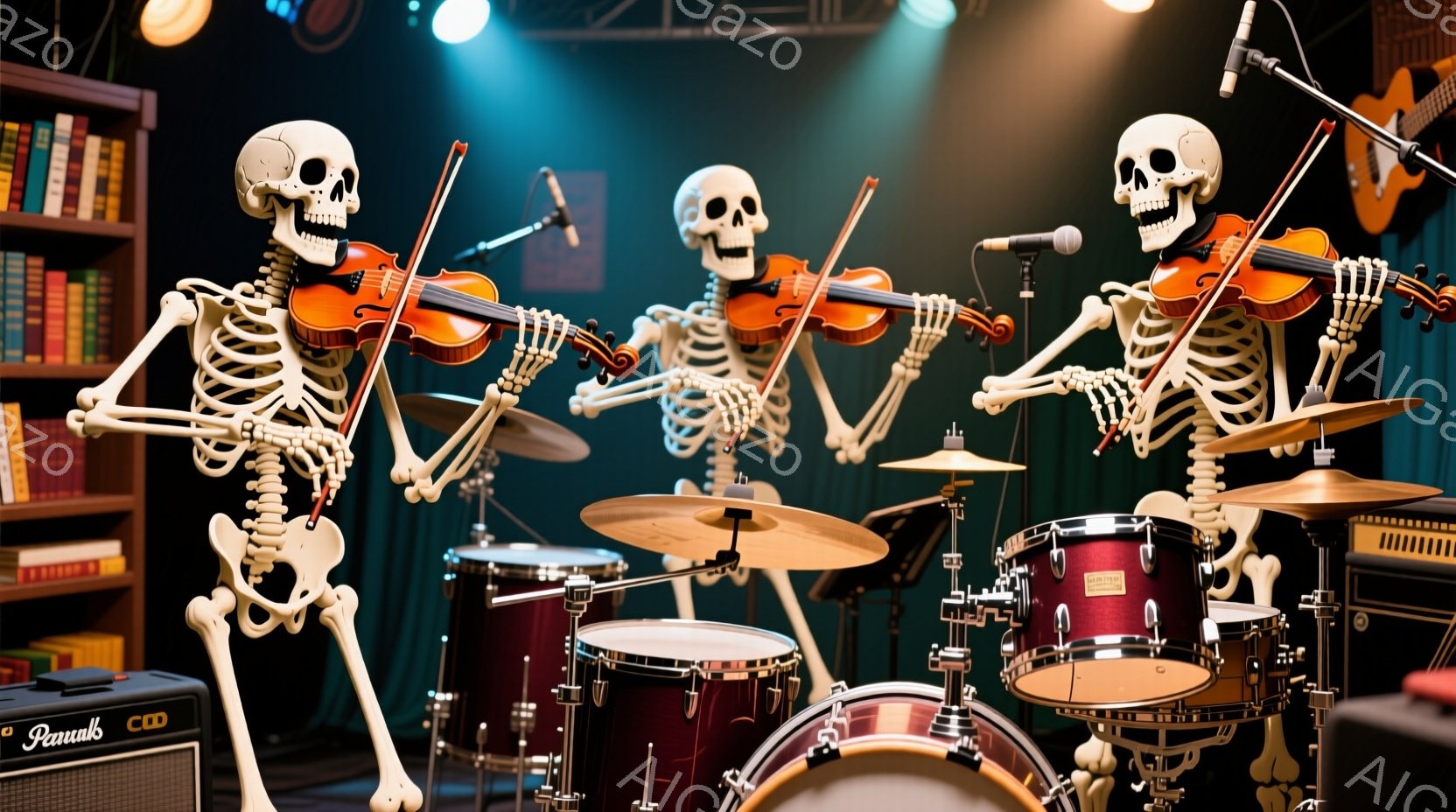緑色の背景の前でバイオリンとドラムセットを演奏する骸骨が描かれています。骸骨たちは楽器を演奏する姿勢で、楽しそうな表情を浮かべています。背景には本棚やスピーカーが見え、コンサート会場のような雰囲気が漂っています。