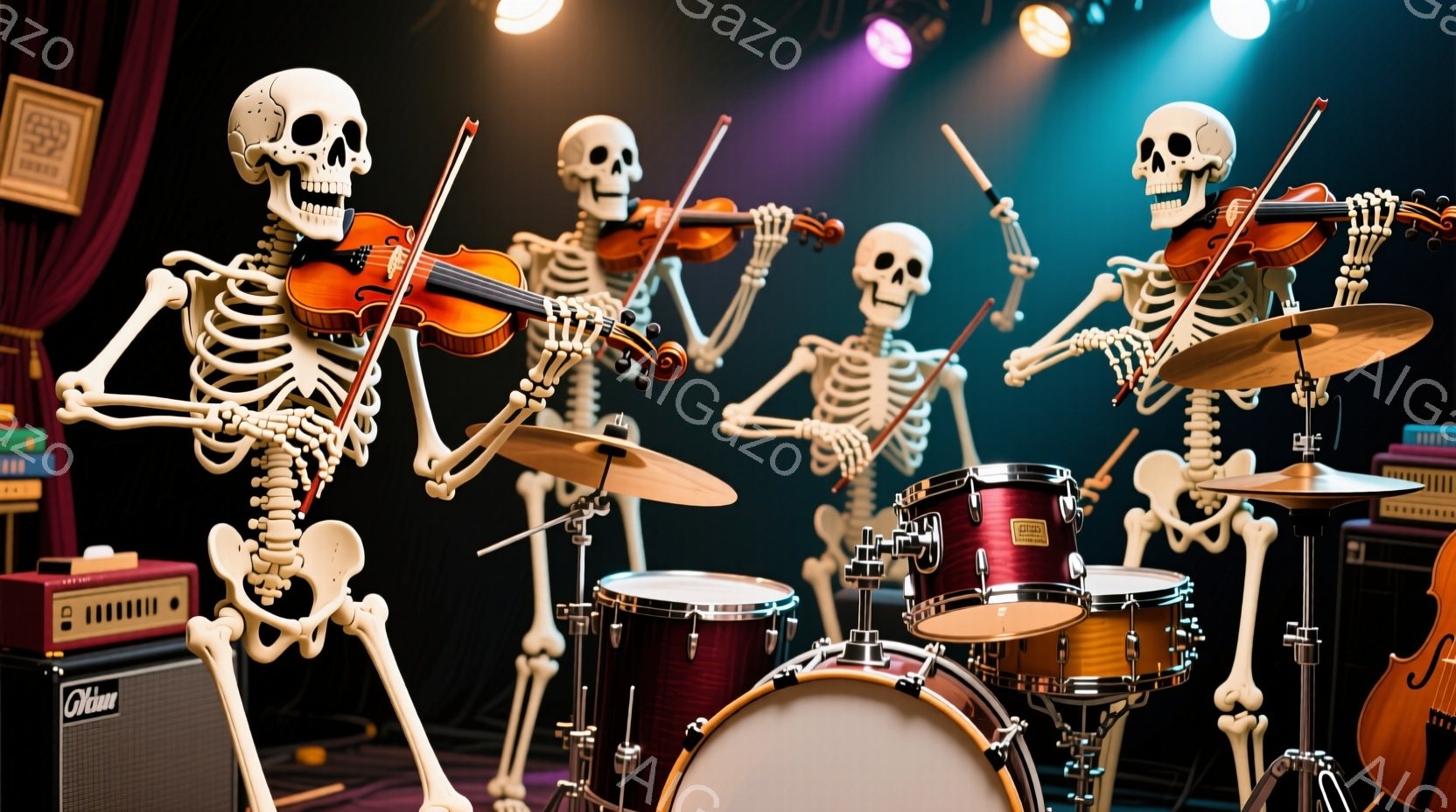 複数の骸骨が楽器を演奏している様子が描かれています。左からバイオリンを弾く骸骨、ドラムを叩く骸骨、そしてベースを弾く骸骨が描かれ、背景には暗赤色のカーテンとステージ照明が見られます。全体的に、おどけた雰囲気で、ハロウィンや音楽イベントを連想させる愉快な光景です。