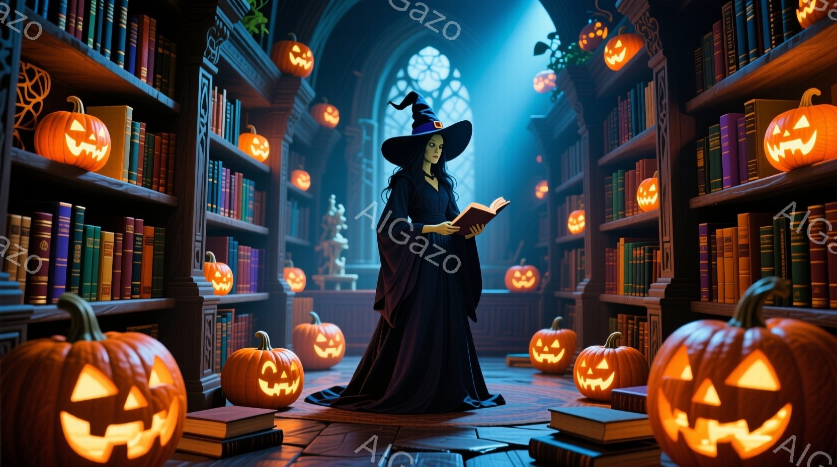 黒いローブと帽子を身につけた女性が、古い本を読んでいます。彼女は膝を曲げて座り、集中した表情で本を見つめています。背景には、たくさんの本棚と、不気味な光を放つジャック・オー・ランタンが並び、ハロウィーンの雰囲気を感じさせる薄暗い空間が広がっています。