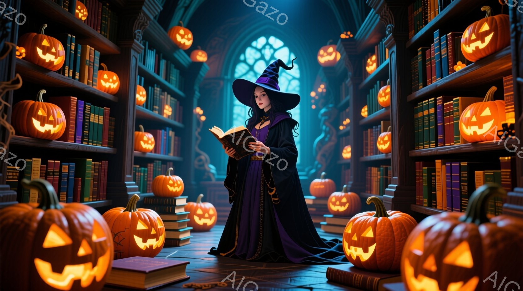 紫色のローブと尖った帽子を身につけた女性が、古書に囲まれた書斎で本を読んでいます。彼女は長い黒髪で、やや物憂げな表情を浮かべており、周囲にはジャック・オー・ランタンが灯り、ハロウィーンの神秘的な雰囲気を醸し出しています。書斎は古風な造りで、本の棚が壁一面に並び、薄暗い光が読書に集中できる静かな空間を作り出しています。