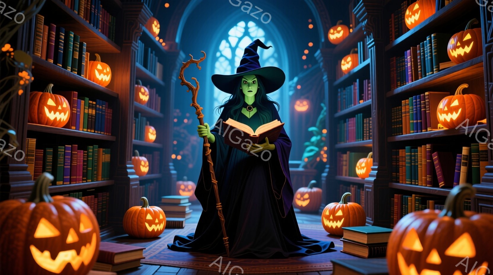 魔女が図書館のような部屋で本を読んでいる。彼女は黒いローブと尖った帽子を身につけ、緑色の肌と鋭い眼差しをしている。周囲にはジャック・オー・ランタンが並び、積み上げられた本が彼女を取り囲み、神秘的で少し不気味な雰囲気を醸し出している。