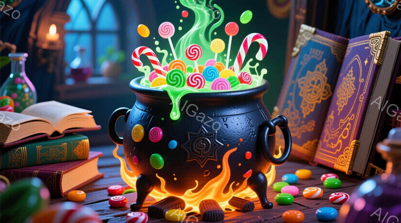 黒い大釜が燃える炎の中に置かれ、中からカラフルなキャンディや渦巻く緑色の液体が吹き出している。周りには、色とりどりのキャンディが散らばり、古書や試験管が置かれている様子から、魔法や錬金術の実験室のような雰囲気を感じさせる。暖かく、ファンタジーのような色彩が、遊び心と少し不気味な魅力を醸し出している。