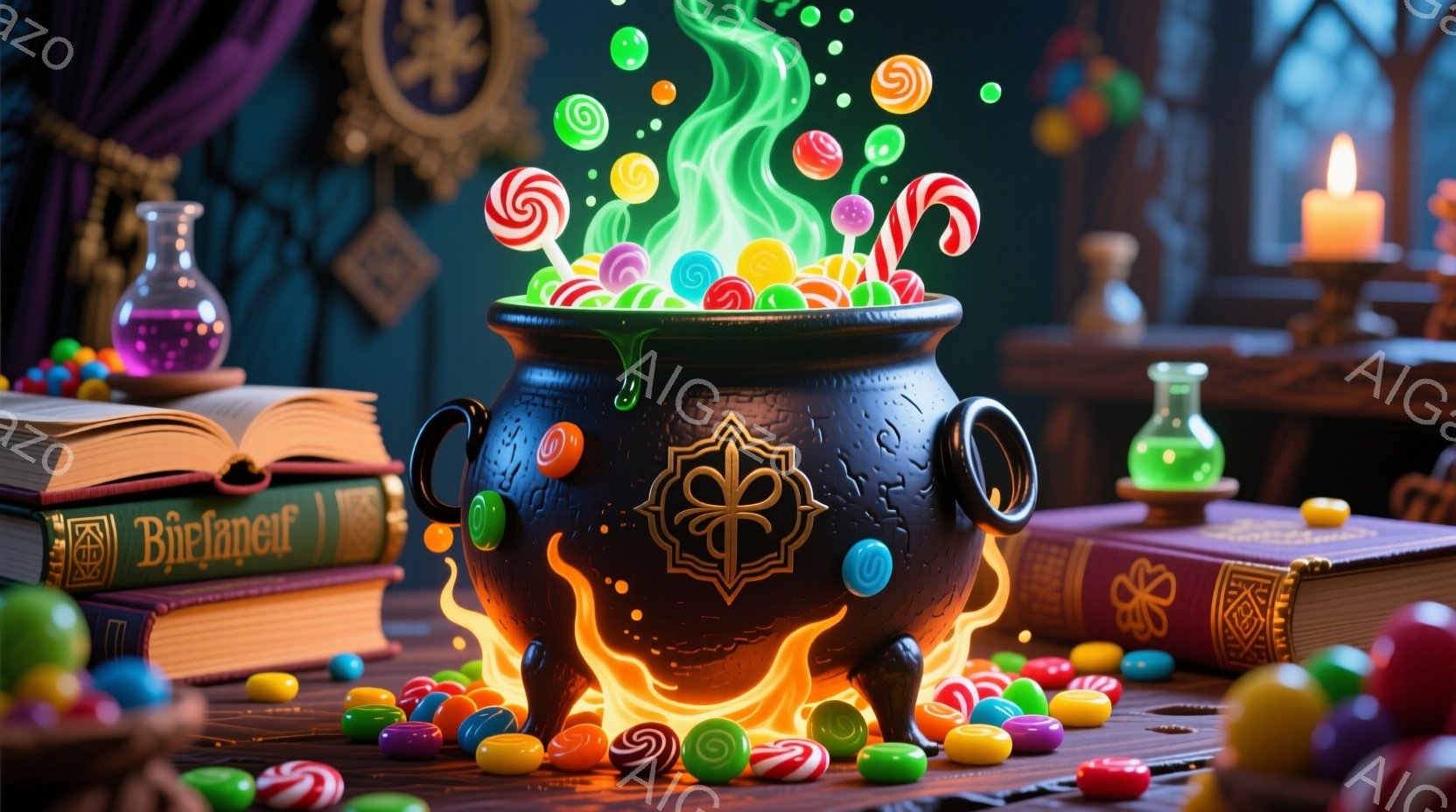古びた木製のテーブルの上に、緑色の泡が立ち上る黒い魔法の釜が置かれている。釜の中には色とりどりのキャンディーが溢れ、周りにはキャンディーが散らばっている。背後には古書や薬瓶が置かれ、ファンタジーの世界を彷彿とさせる、少し不気味で楽しい雰囲気の静物画である。