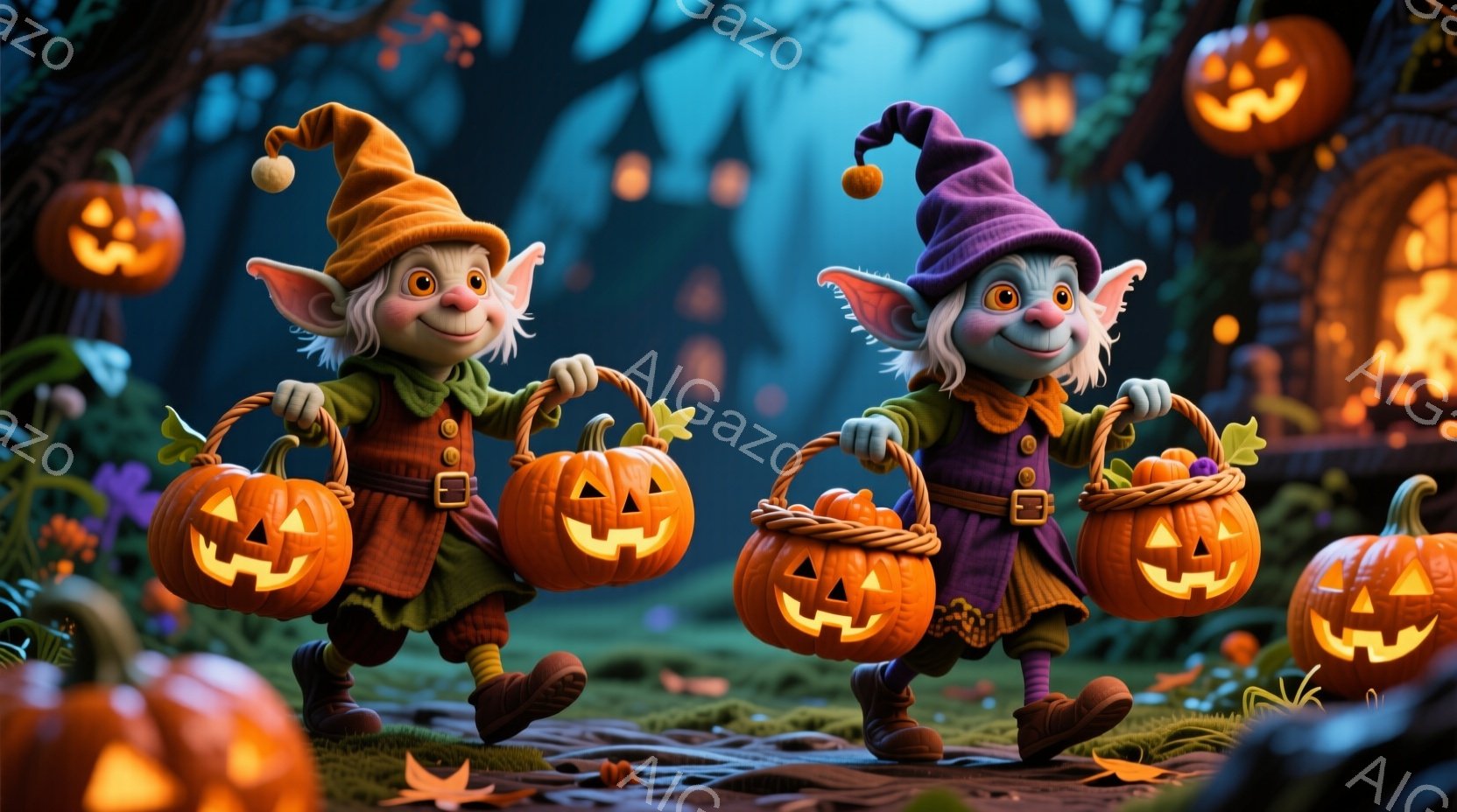 オレンジ色の帽子をかぶった小柄な妖精が、紫色の服を着て、たくさんのジャック・オ・ランタンを抱えています。彼らは緑の草の上を軽快に歩き、楽しげな表情をしています。背景には、明るく照らされた建物と、ハロウィーンらしいジャック・オ・ランタンが散りばめられ、幻想的な夜の雰囲気を醸し出しています。