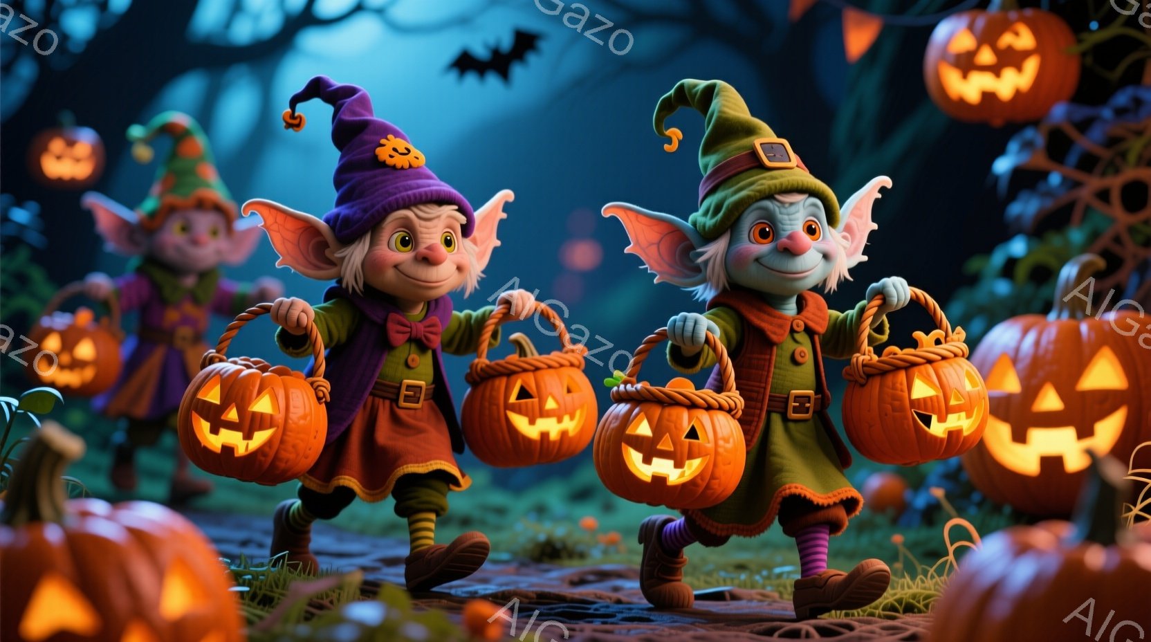 明るい緑色の衣装を着た小さな妖精たちが、オレンジ色のジャック・オー・ランタンをたくさん入れたバスケットを持って歩いている。彼らは紫色の帽子と尖った耳を持ち、楽しそうな表情で満面の笑みを浮かべている。背 - AI生成フリー素材